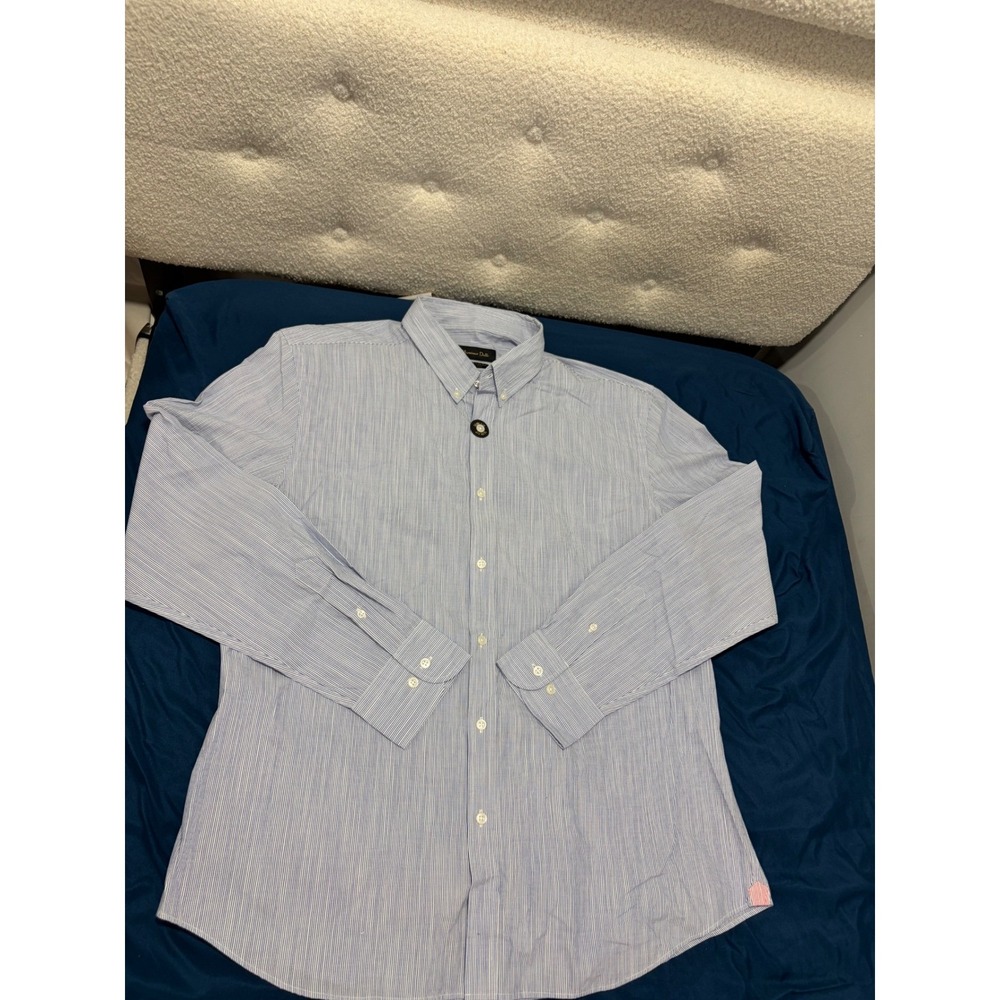 Massimo Dutti Men XXL Slim Fit Pinstripe Button Down Shirt Blue White LongSleeve